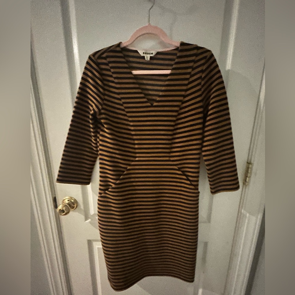 Boden Camel and Navy Striped Dress